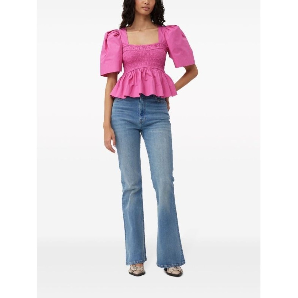 GANNI Pink Organic Cotton Smocked‎ Peplum Blouse Puff Sleeve Top Sz 36 US S